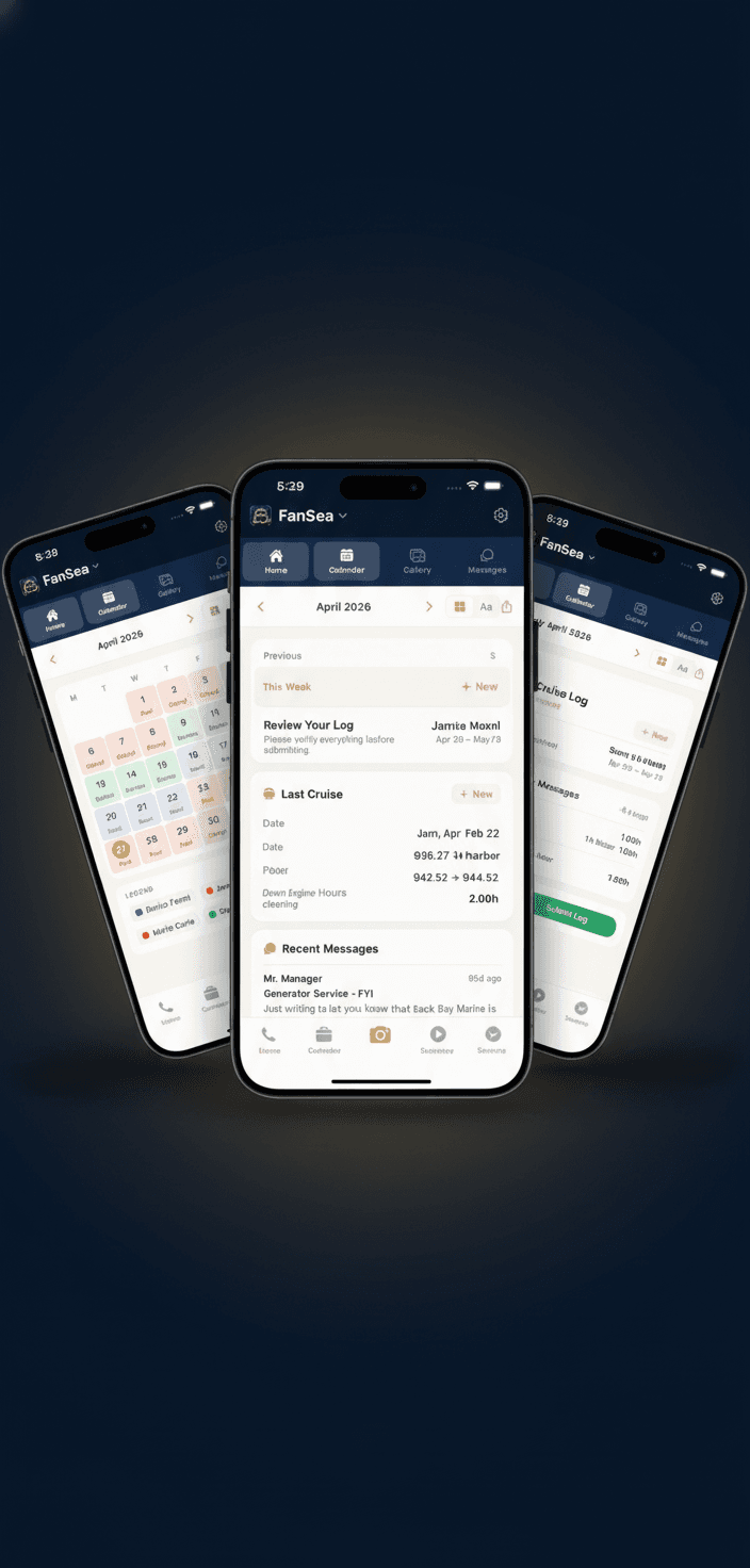 Boat Partner app shown on three iPhones — calendar, dashboard, and cruise log screens