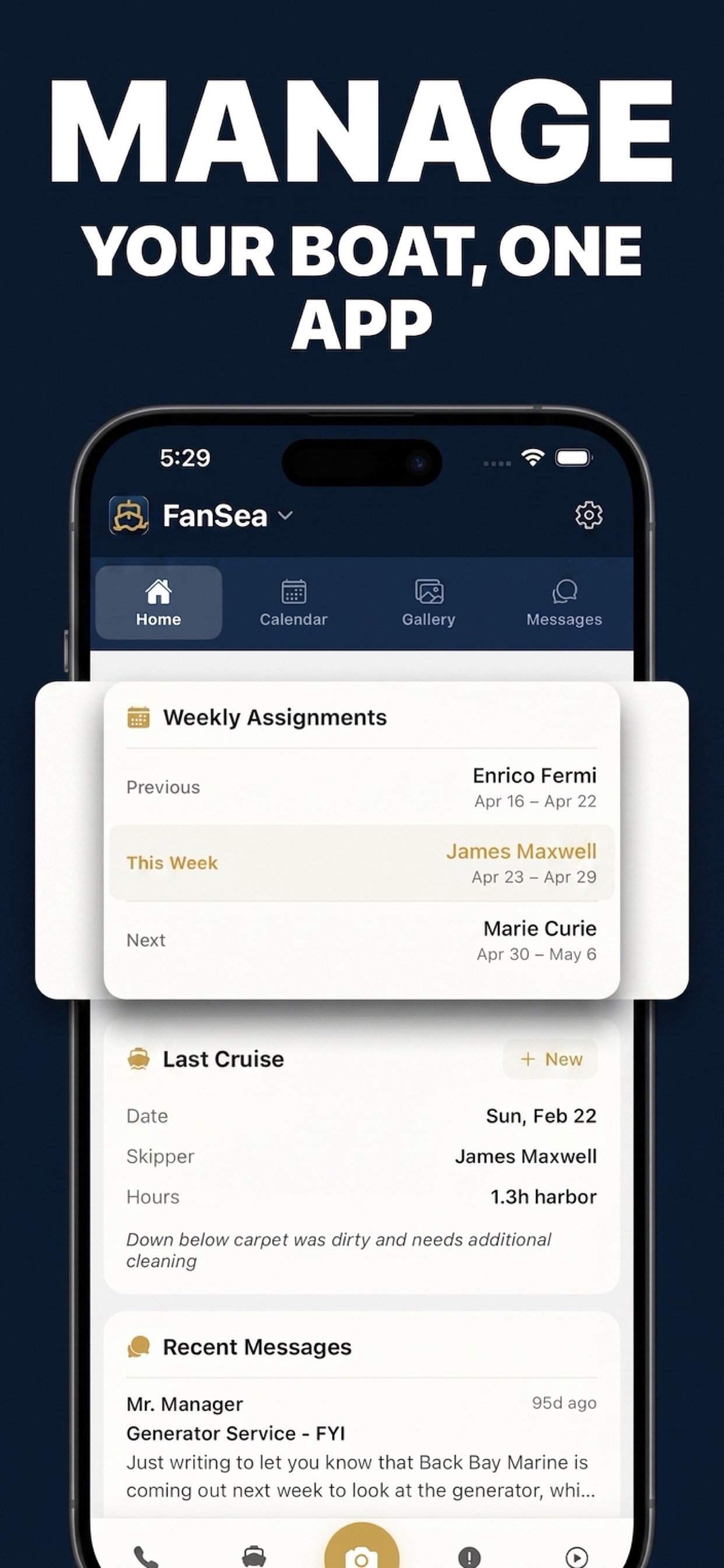Boat Partner home screen showing Recent Messages from manager
