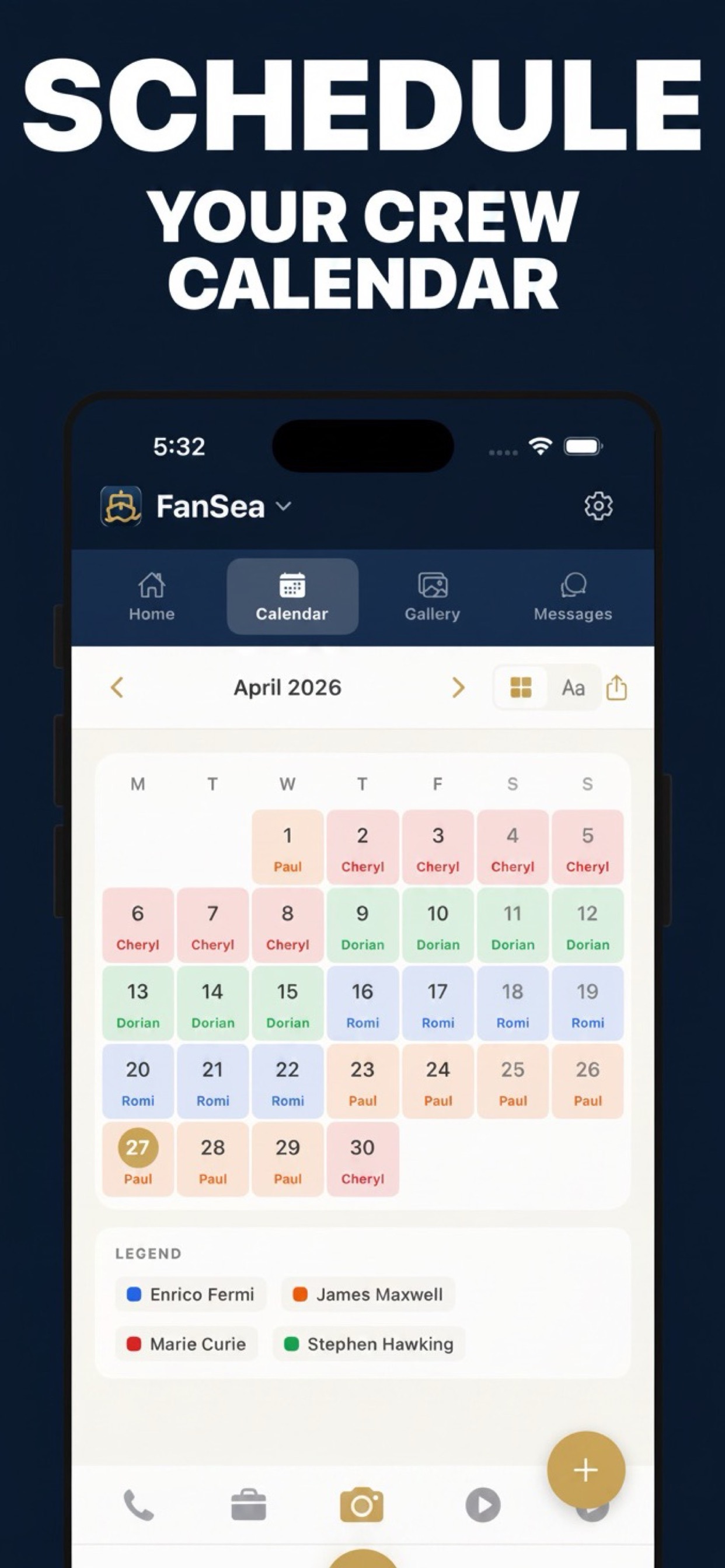 Boat Partner calendar showing 4 partners color-coded by week